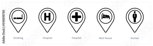 A set of 5 mix icons as smoking, hospital, rest house