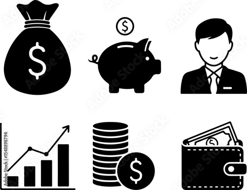 Simple black and white financial icons for business and personal finance