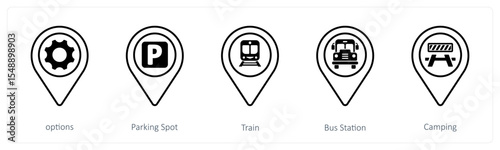 A set of 5 mix icons as options, parking spot, train