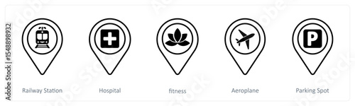A set of 5 mix icons as railway station, hospital, fitness