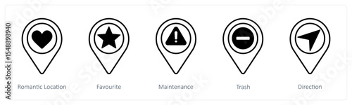 A set of 5 mix icons as romantic location, favorite, maintenance