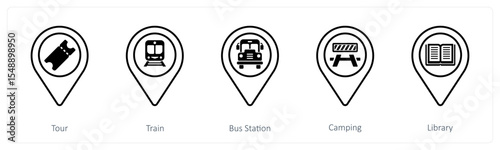 A set of 5 mix icons as tour, train, bus station