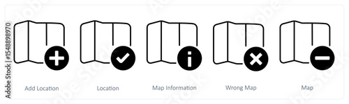 A set of 5 mix icons as add location, location, map information