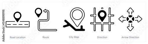 A set of 5 mix icons as road location, route, city map