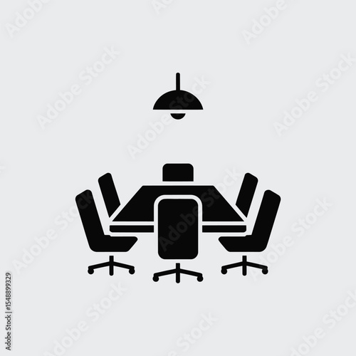 Black and white icon depicting a meeting room setup featuring a rectangular table surrounded by four office chairs and a single pendant light fixture overhead