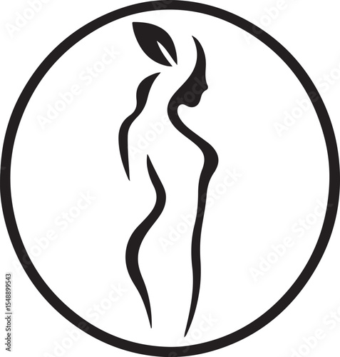 Minimalistic Silhouette of a Woman with Leaf in Circular Frame For cosmetics, beauty, tattoo, Spa, feminine, jewelry store