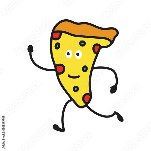 Cute Pizza running, 2d flat mascot logo 
