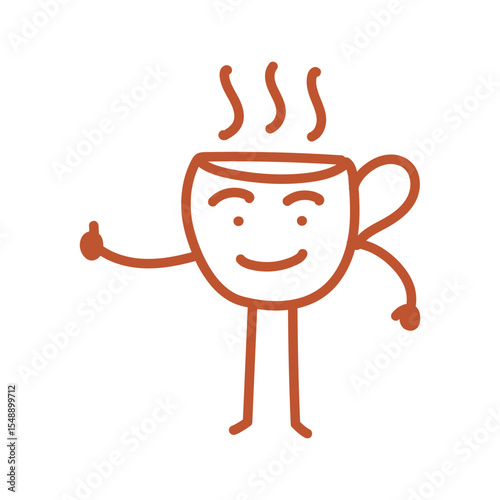 Cup of coffee, giving thumbs up, mascot logotype character, outline icon
