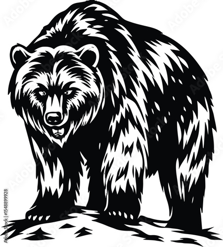 detailed black and white illustration of a large grizzly bear, highly detailed, intricate textures, powerful, angry expression, photorealistic, digital art

