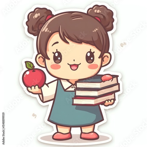 Happy Cartoon Girl Holding Red Apple and Books for Education