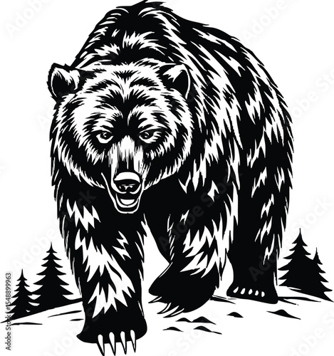 bear vector, grizzly bear, forest, trees, black and white, illustration, woodcut style, detailed, realistic
