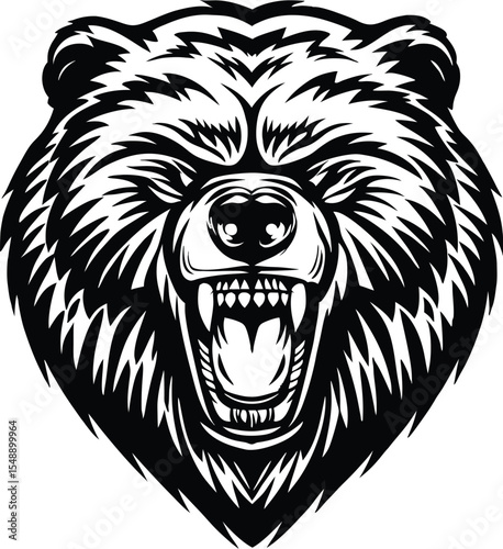 grizzly bear, ferocious animal, fierce, snarling, black and white, high contrast, digital art, illustration, vector graphic
