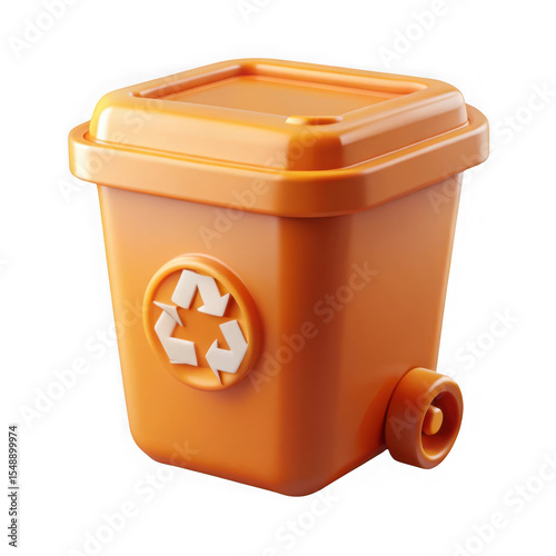 3d rendered orange recycling bin with wheels and iconic circular recycle symbol isolated on transparent background