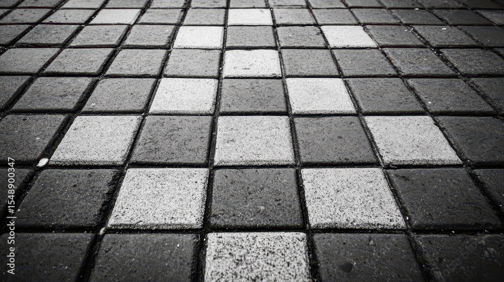 Fototapeta premium Grey and white square pavement bricks are laid in a unique pattern. A good choice for urban design and construction concept imagery.