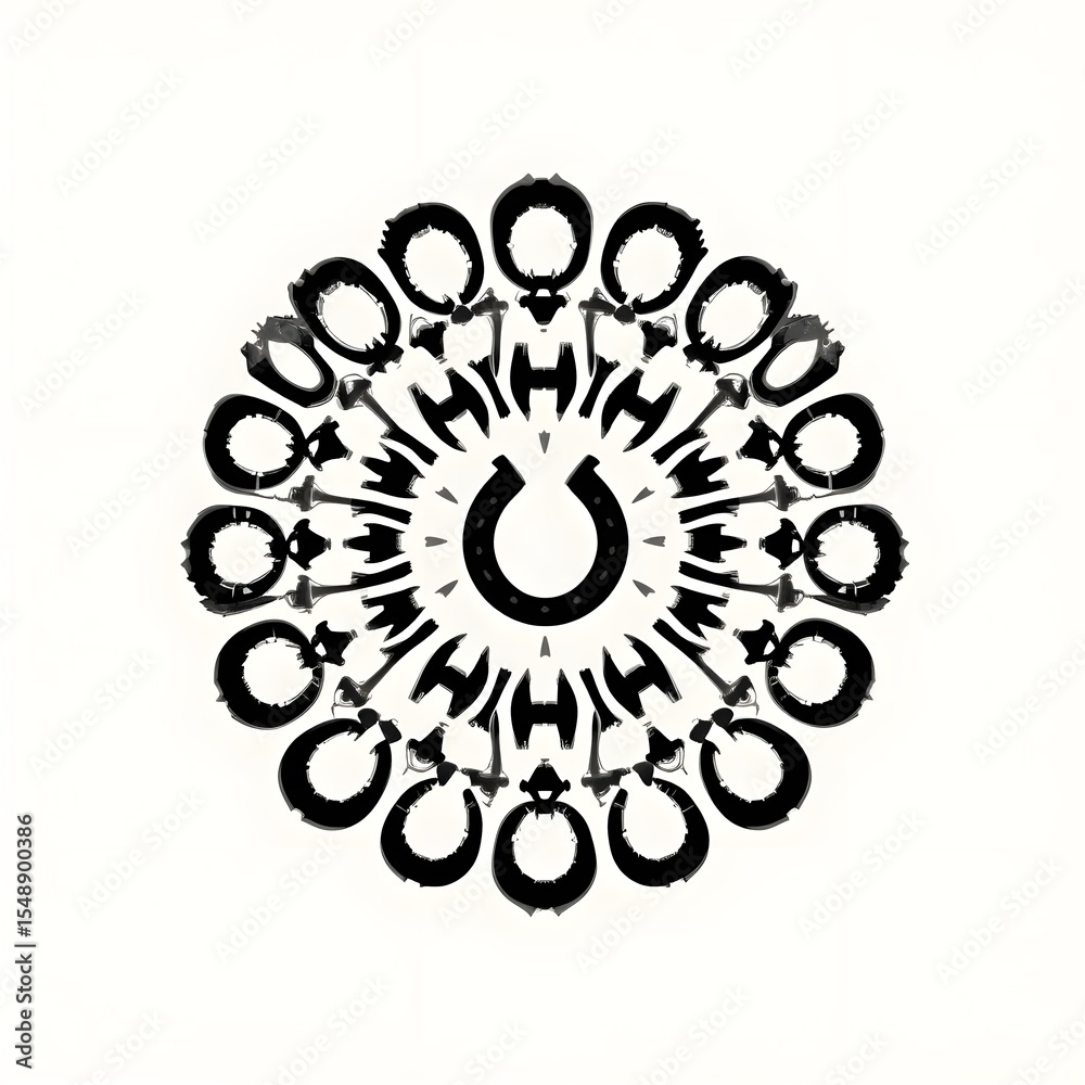 A black and white circular design featuring horseshoes and other abstract shapes in a radial pattern A black and white circular design featuring horseshoes and other abstract shapes in a radial pattern