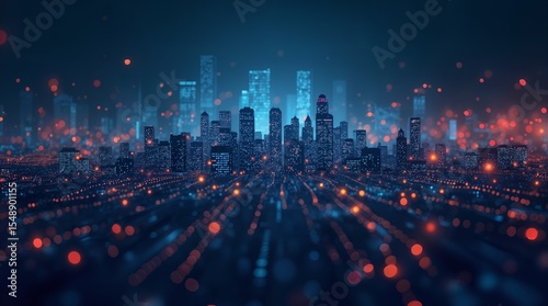 Abstract blue background with smart city skyline lights and stars at dusk. 