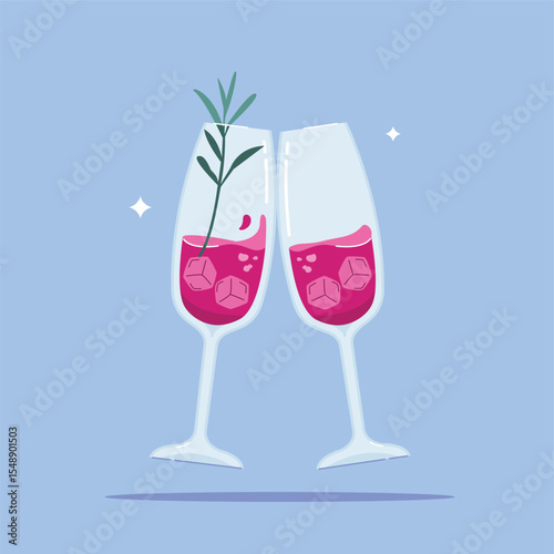 illustration of toast, alcoholic beverage in Champagne Flute Glass. summer appetizer decorated with rosemary leaves