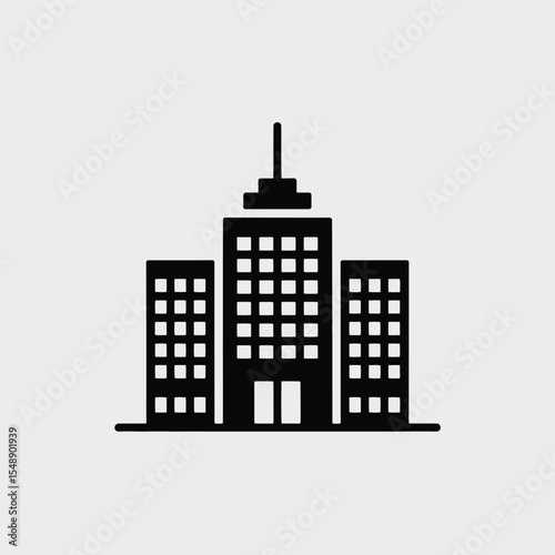 Black and White Icon of Three Office Buildings Cityscape Simple Minimalist Building Structure Vector Graphic Design Element