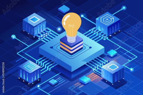 Isometric Light Bulb on Platform with Connected Cubes and Circuitry Design