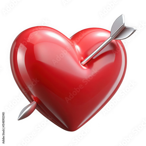 A 3d rendered glossy red heart pierced with a silver arrow isolated on transparent background