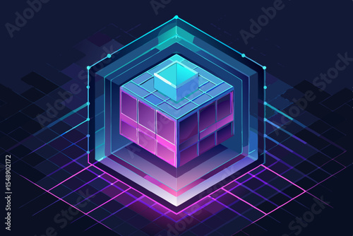 Isometric Cube with Glowing Lines and Hexagon Frame for Technology Concept
