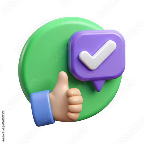 3d thumb up hand with confirmation checkmark icon isolated on transparent background