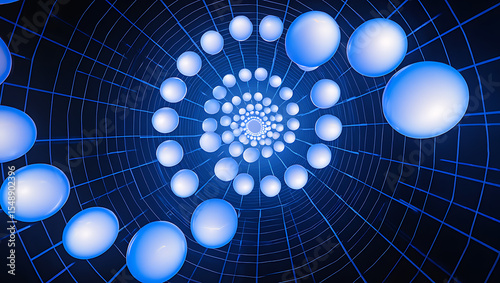Fototapeta Naklejka Na Ścianę i Meble -  Abstract spiral of illuminated spheres within a gridded tunnel