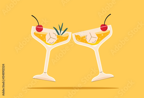 illustration of toasting alcoholic beverage in a Margarita glass. Summer appetizer decorated with berries and citrus