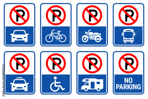 Parking sign set. No parking sign car, bicycle, motorcycle, bus, disabled person, campervan, visitor parking signboard. Vector illustration. Don't park here icon.