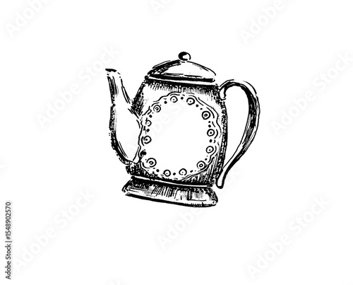 Illustration of a teapot. Isolated on white background. Inside is an oval hole, copy space. Pattern of wavy lines and dots. Stylized illustration, Lines, dots, strokes. Black color. Monochrome.