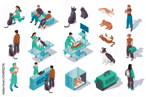 Vet clinic 3d isometric set. Collection isolated flat elements of veterinary doctor diagnostic, x-ray, animal hospital, dogs and cats, treatment, grooming service, carrying more. Vector illustration.