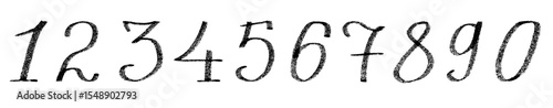 Lettering set of numbers. 1, 2, 3, 4, 5, 6, 7,8,9,0. Cursive font. Black color. White dots texture. Written with a marker, by hand. Different shapes. Written in a row. Isolated on a white background.