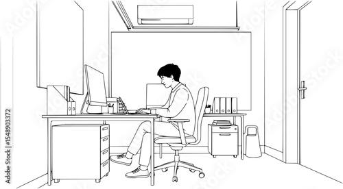 Young man working at desk in minimalist office, line art illustration