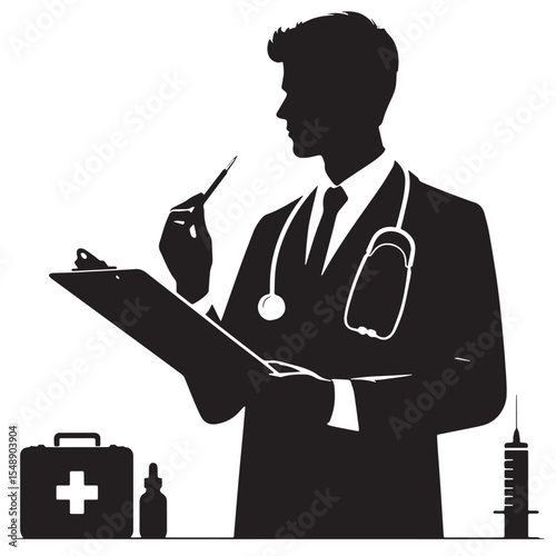Black Doctor with clipboard Silhouette Vector, High Quality Illustration on White Background