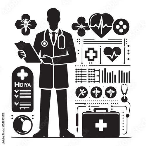 Black Doctor holding health chart Silhouette Vector, High Quality Illustration on White Background
