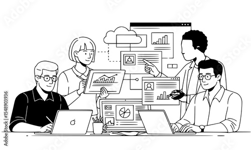 Creative Illustration Depicting a Group of Diverse People Collaborating Around a Table, Representing Teamwork and Innovation in a Modern Work Environment