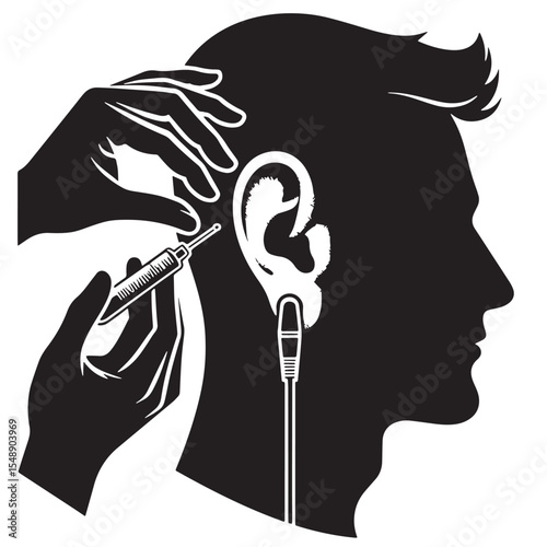Black Ear and hearing test Silhouette Vector, High Quality Illustration on White Background