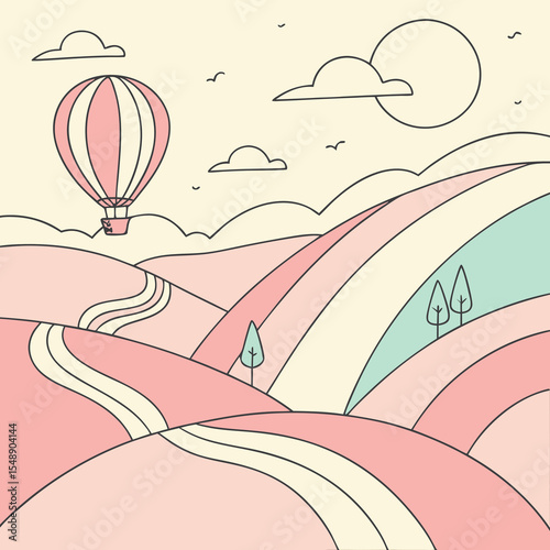 Whimsical Minimalist Landscape – Digital Illustration with Hot Air Balloon, Rolling Hills, and Warm Colors