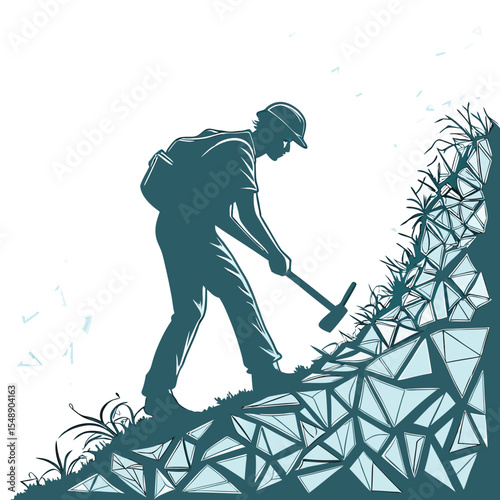 A miner diligently extracts crystalline formations from a hillside landscape a captivating design for branding and logos
