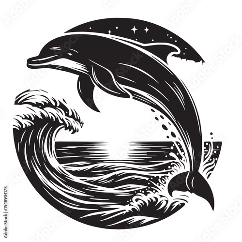 Black Dolphin Jumping  Silhouette Vector, High Quality Illustration on White Background