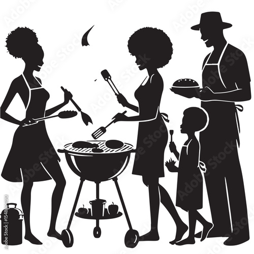 Black Family BBQ cooking Silhouette Vector, High Quality Illustration on White Background