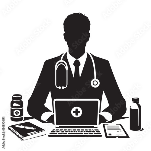 Black Doctor with computer Silhouette Vector, High Quality Illustration on White Background