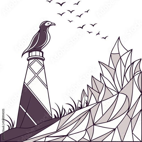 Elegant bird perched on a lighthouse overlooking geometric crystalline landscape design