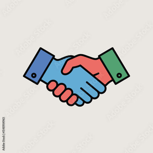 Colorful Flat Style Icon Depicting Two Hands in a Handshake Blue and Red Hands with Green and Blue Sleeves Agreement Partnership Deal Concept