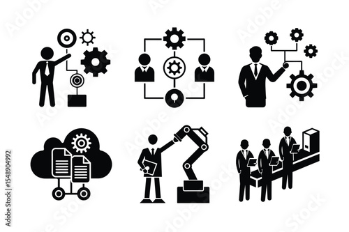 Business process automation vector silhouette on white background