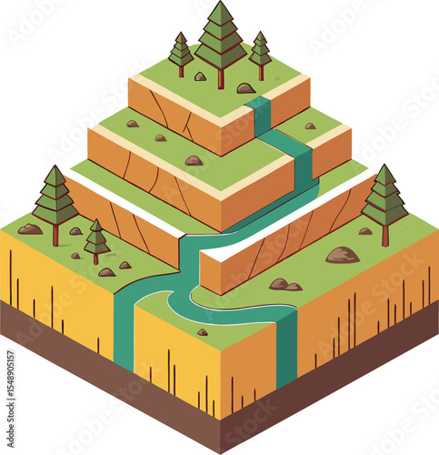 Stunning isometric landscape design featuring a cascading waterfall river flowing through tiered mountains with evergreen trees and rocks ideal for branding and logos