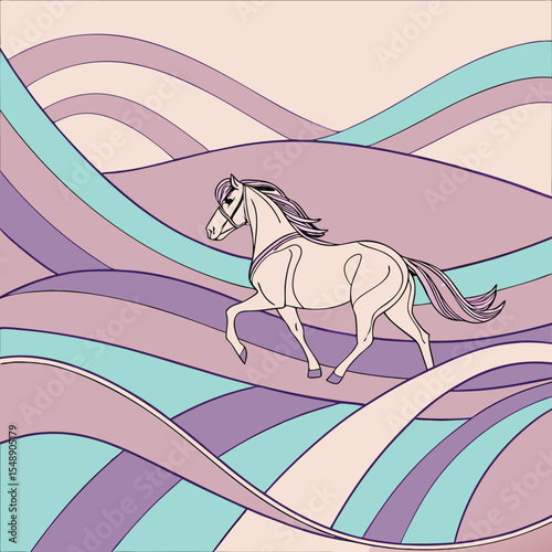 Elegant Horse Galloping Across Abstract Pastel Waves Design Perfect for Branding and Logo Creation