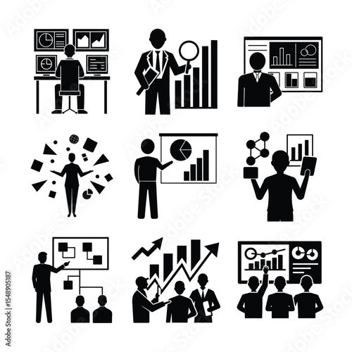 Data analysis concept vector silhouette with charts and reports
