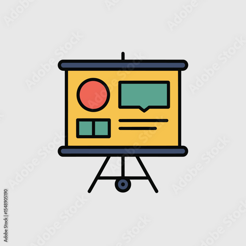 Colorful Flat Style Icon of a Presentation Board Showing a Circle Square and Rectangle Shapes with Text and Speech Bubble on Yellow Background