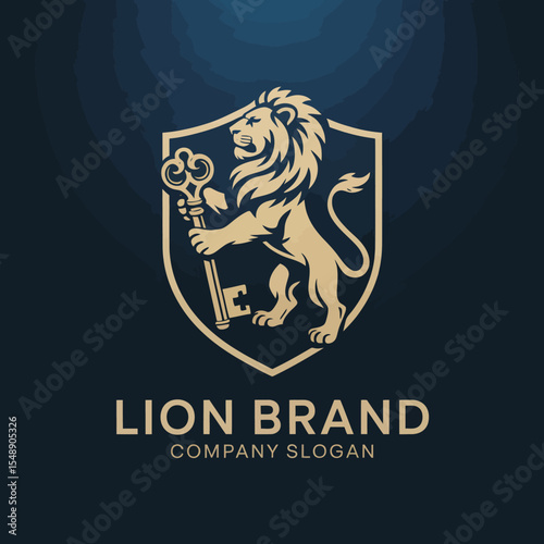 Lion Crest Logo Holding a Key on Shield